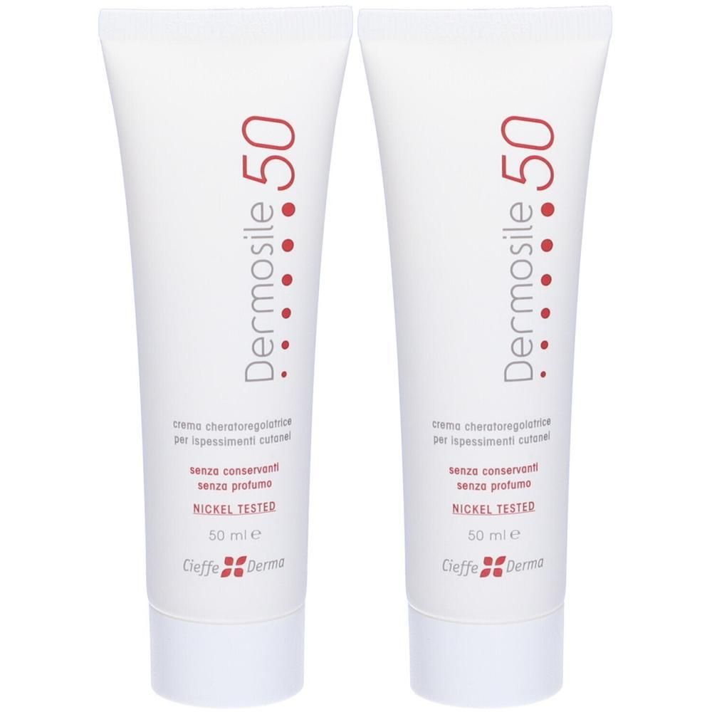 Due tubi bianchi di crema Dermosile 50, 50 ml ciascuno. Nickel testato.
