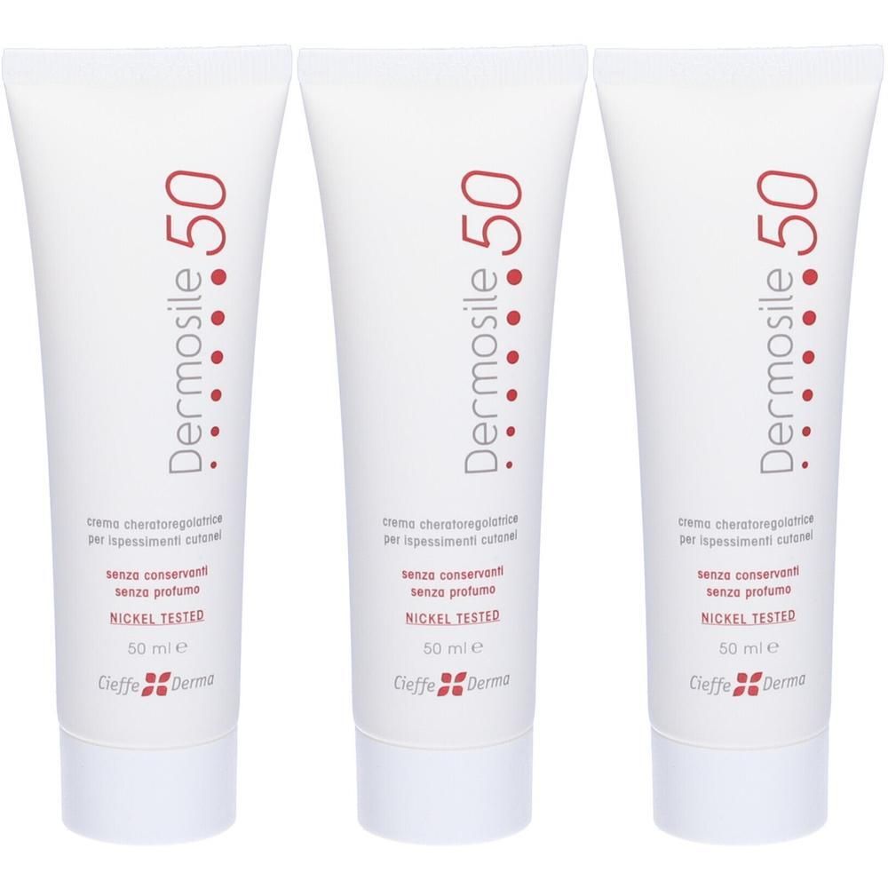Tre tubi di crema Dermosile 50, 50 ml ciascuno. Nickel tested, senza conservanti e profumo.
