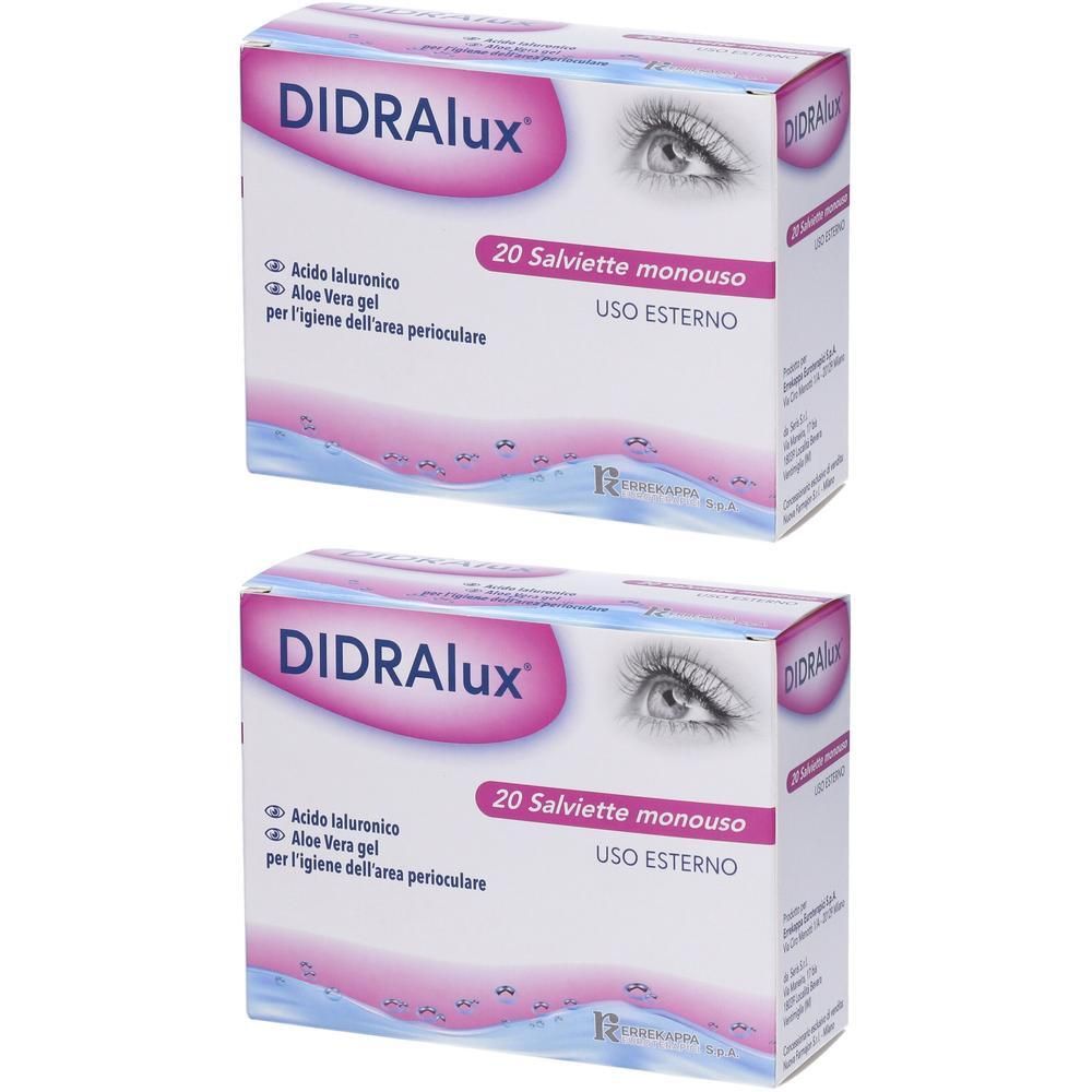 Due confezioni DIDRALux da 20 salviette monouso per l'igiene perioculare. Contiene acido ialuronico e gel di aloe vera.