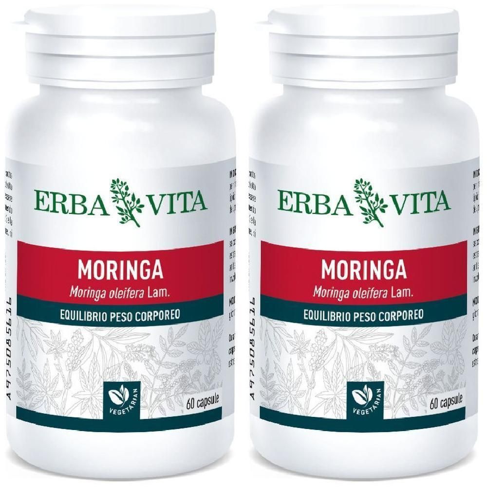Due flaconi di capsule di Moringa Erba Vita, 60 capsule ciascuno.