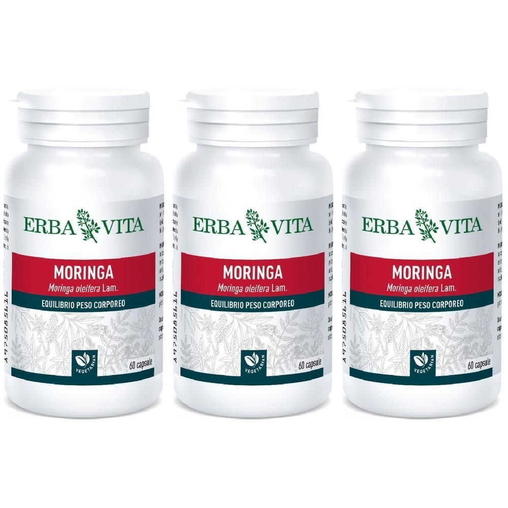Tre contenitori bianchi con capsule di Moringa Erba Vita. Ogni flacone contiene 60 capsule.