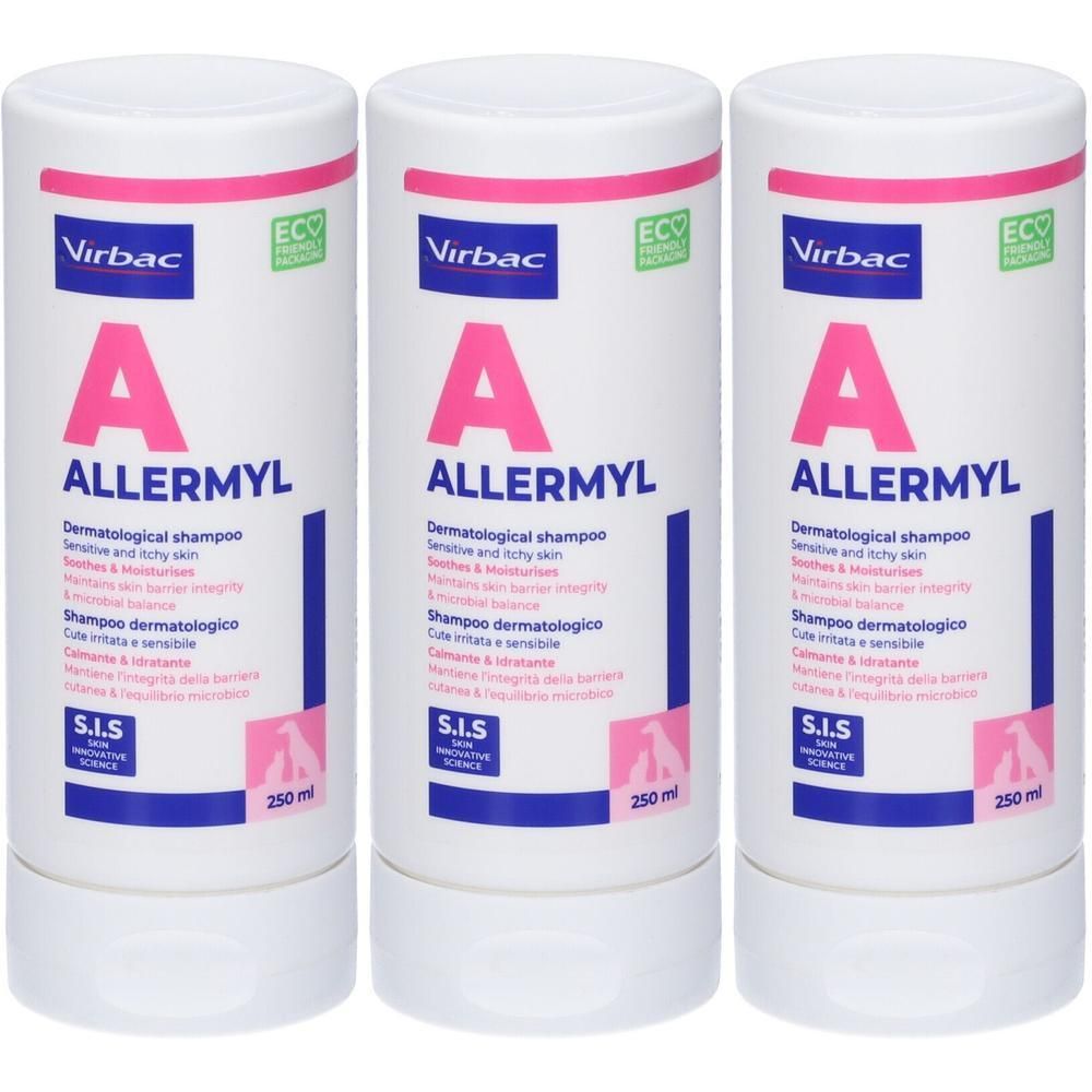 Tre flaconi di Virbac ALLERMYL Shampoo Dermatologico.
