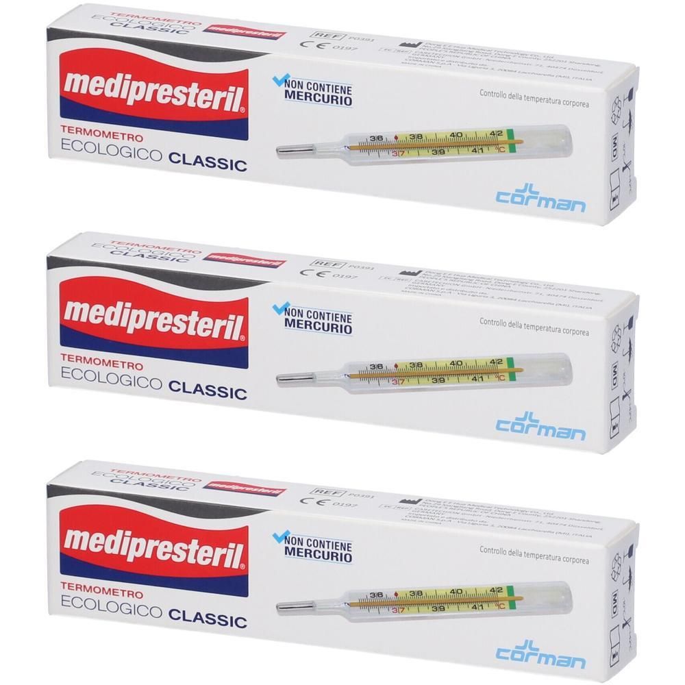 Tre confezioni di termometro ecologico Medipresteril Termometro Ecologico Classic.