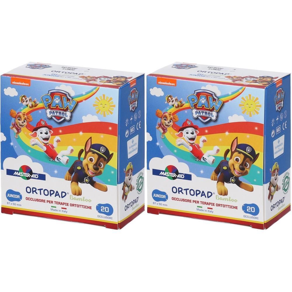 Due confezioni di cerotti Ortopad Bambù Paw Patrol Junior. Mostra Chase e Marshall su un arcobaleno.