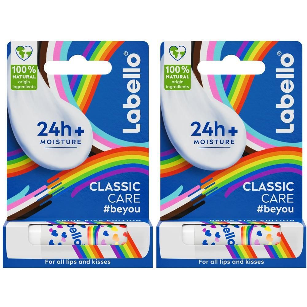 Due confezioni di Labello Classic Care Pride Limited Edition con design arcobaleno e stick di balsamo labbra.