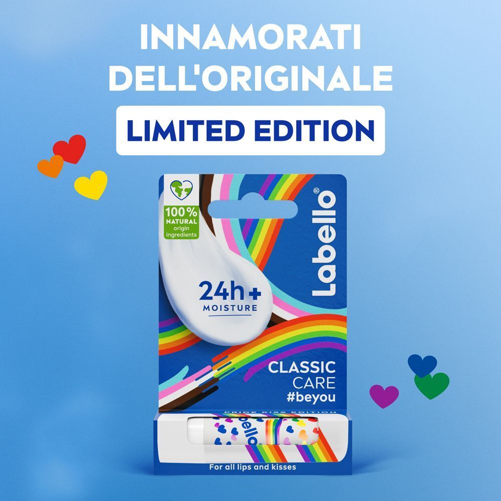 Labello Classic Care Pride Limited Edition in confezione con motivo arcobaleno e simboli a cuore.
