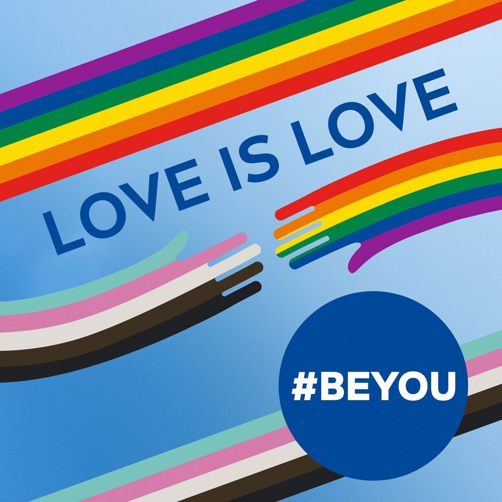 Nastri arcobaleno e mani che si uniscono, con testo "LOVE IS LOVE" e "#BEYOU".