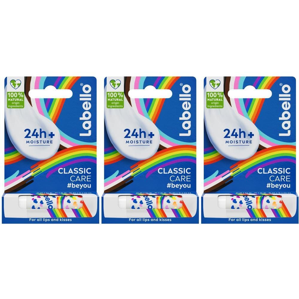 Tre balsami Labbra Labello Classic Care Pride Limited Edition con design arcobaleno.