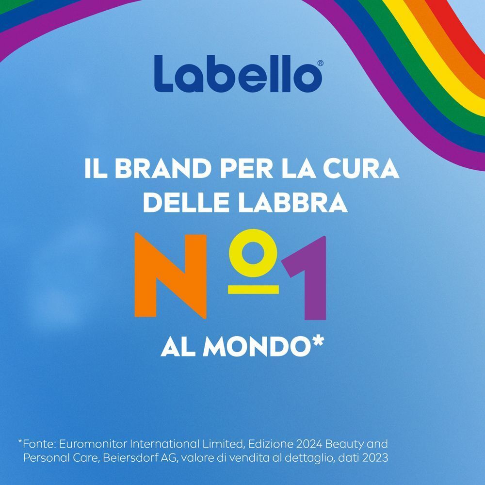 Logo Labello con testo 'IL BRAND PER LA CURA DELLE LABBRA N°1 AL MONDO'.