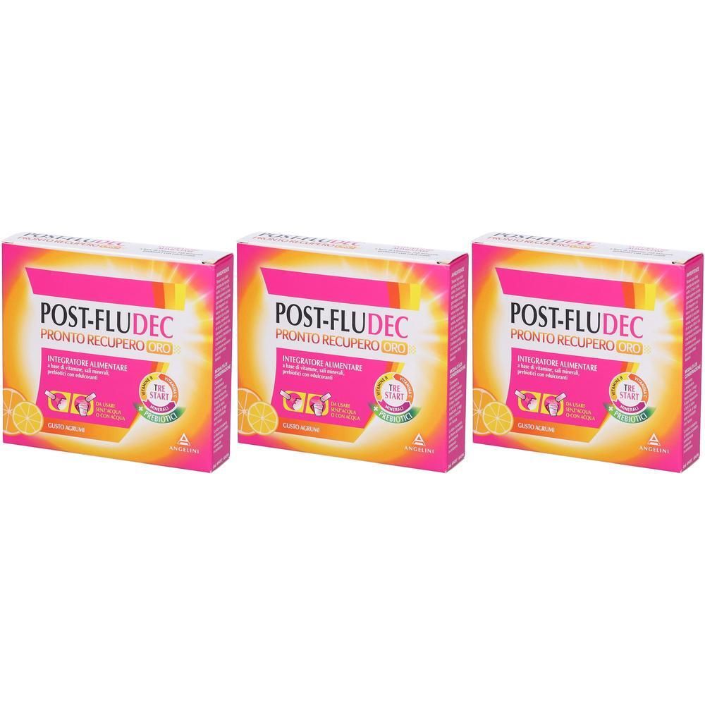 Tre confezioni di Postfludec Agrumi Pronto Recupero Oro, scatola arancio-rosa con illustrazione di limone.