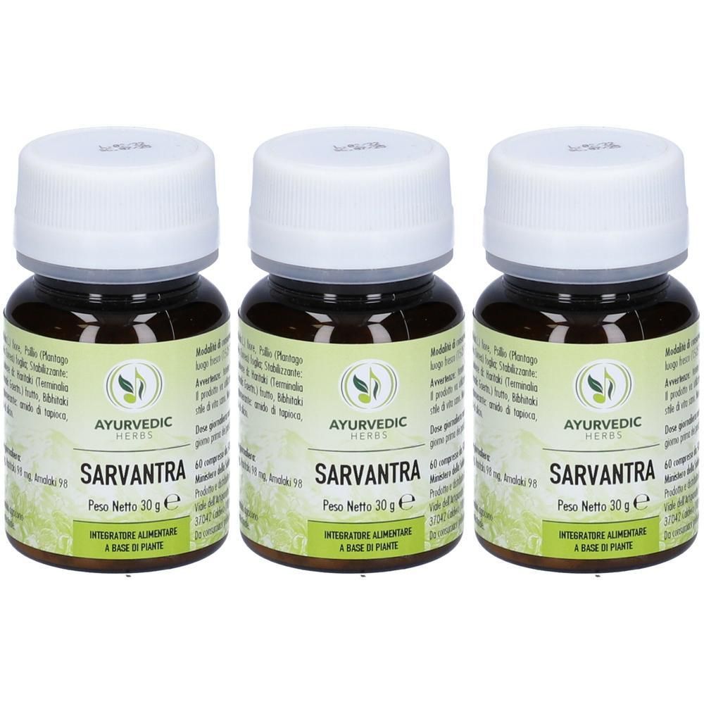 Tre flaconi di integratore alimentare Sarvantra, 60 compresse ciascuno.