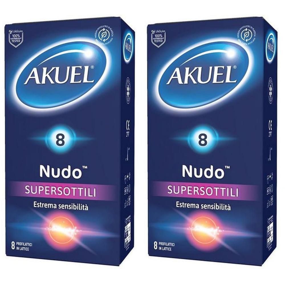 Due confezioni di preservativi Akuel Nudo Supersottili, 8 per confezione.