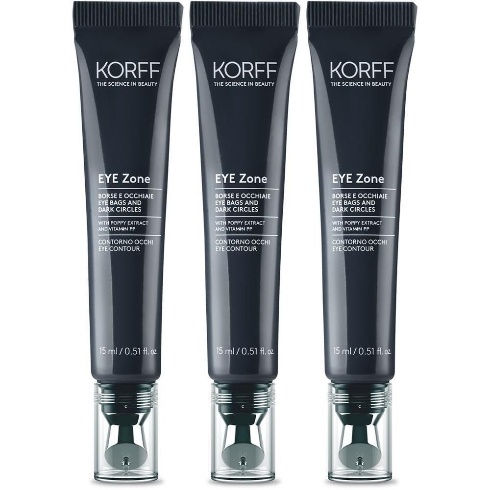 Tre tubetti KORFF EYE Zone Contorno Occhi affiancati.