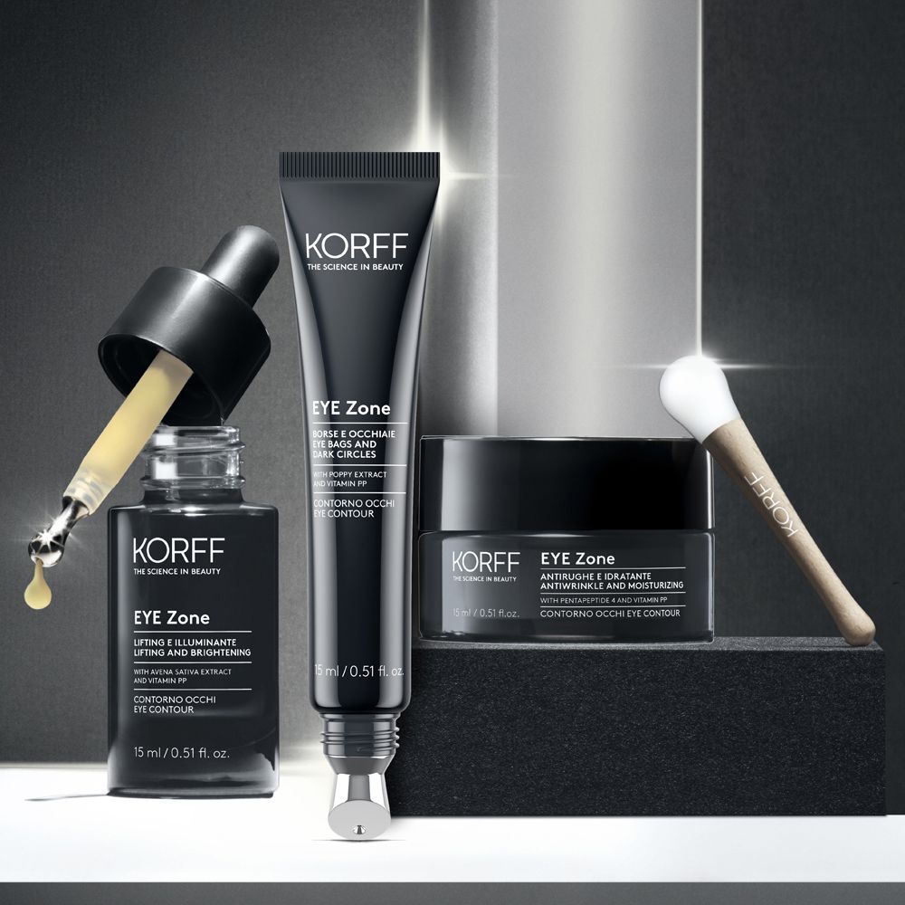 Prodotti KORFF EYE Zone: Siero, tubetto contorno occhi e vasetto contorno occhi.