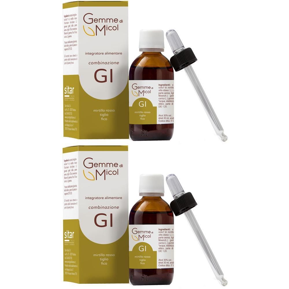 Due flaconcini con contagocce: Gemme di Micol GI, integratore alimentare.