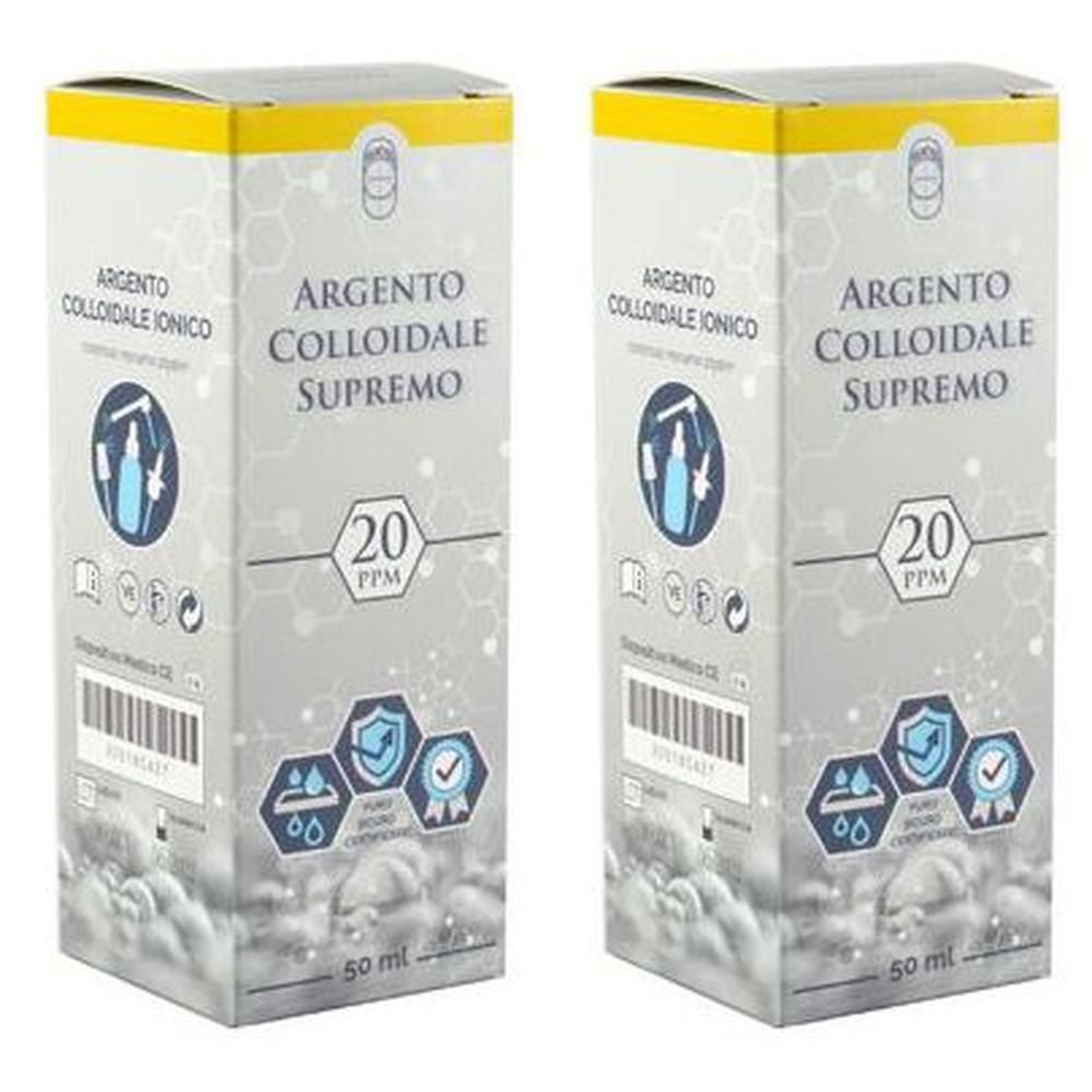 Due confezioni di Argento Colloidale Supremo 20 ppm, 50 ml. Con erogatori per naso, gola e pelle.