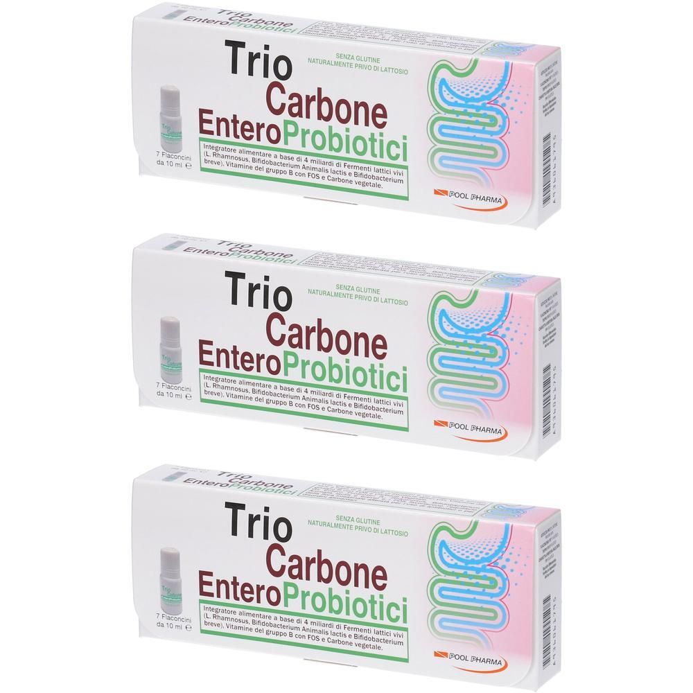 Tre confezioni di Trio Carbone EnteroProbiotici con grafica intestinale e informazioni prodotto.