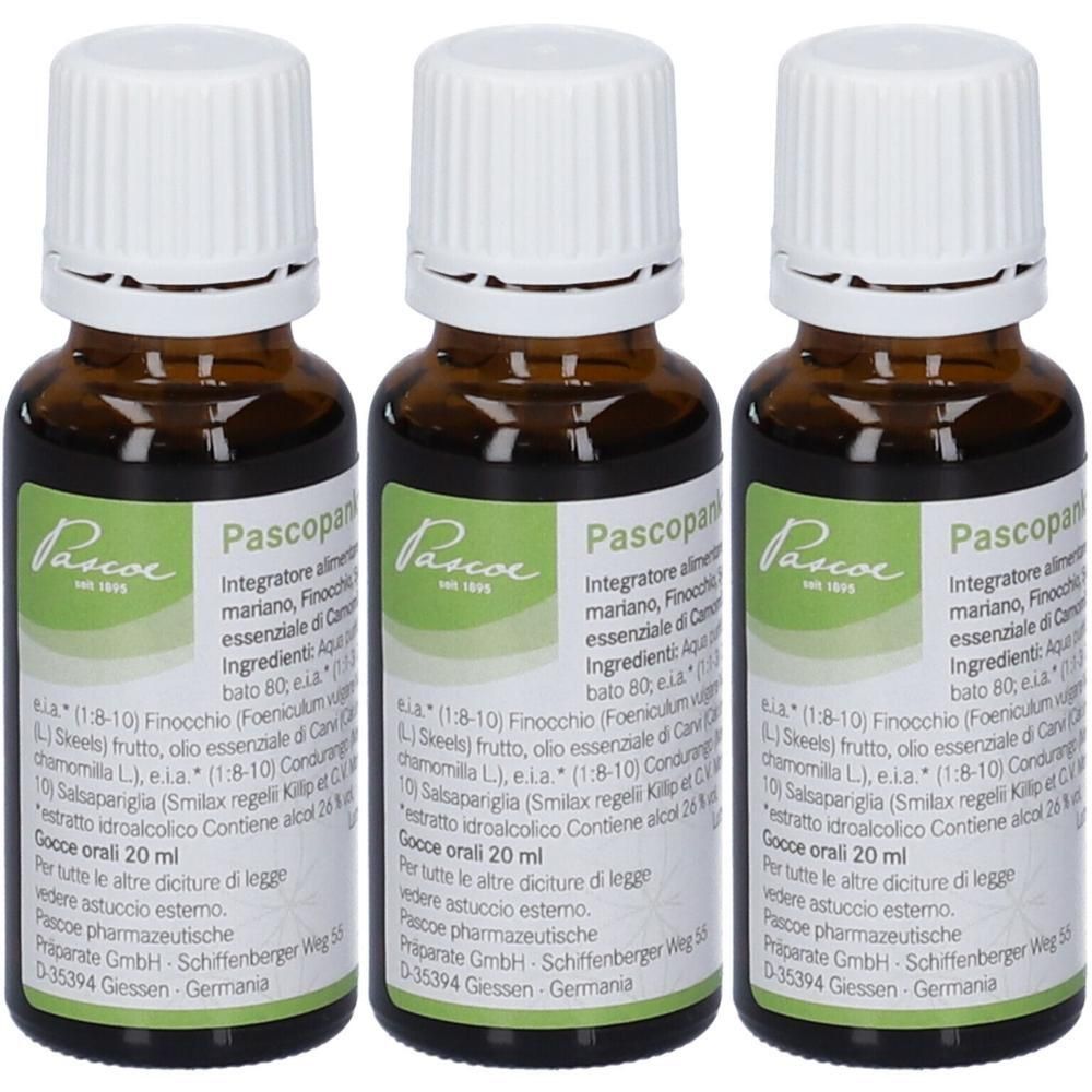 Tre flaconi in vetro marrone con tappi contagocce bianchi, da 20 ml ciascuno. Etichette verdi con informazioni sul prodotto.