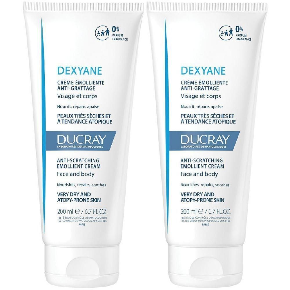 Due tubi di crema emolliente anti-prurito Ducray Dexyane per pelli molto secche e a tendenza atopica.