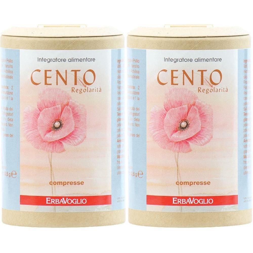 Due barattoli di Cento Regolarità con illustrazione di papavero. Integratore alimentare.