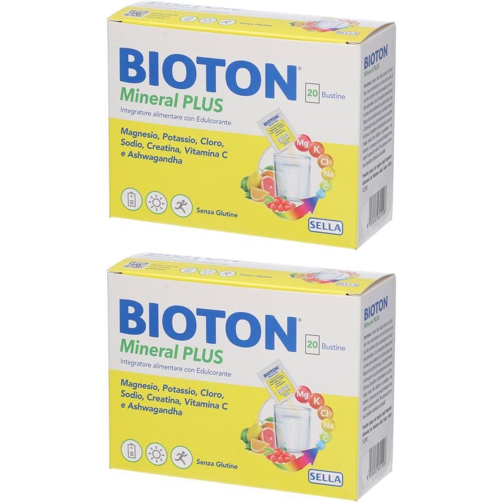 Due confezioni di BIOTON Mineral PLUS, ciascuna con 20 bustine. Contiene Magnesio, Potassio, Cloro, Sodio, Creatina, Vitamina C e Ashwagandha.
