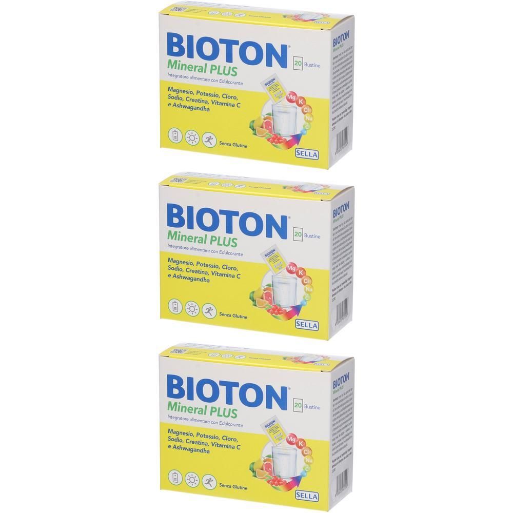Tre confezioni di BIOTON Mineral Plus, integratore alimentare con elettroliti, Vitamina C e Ashwagandha.