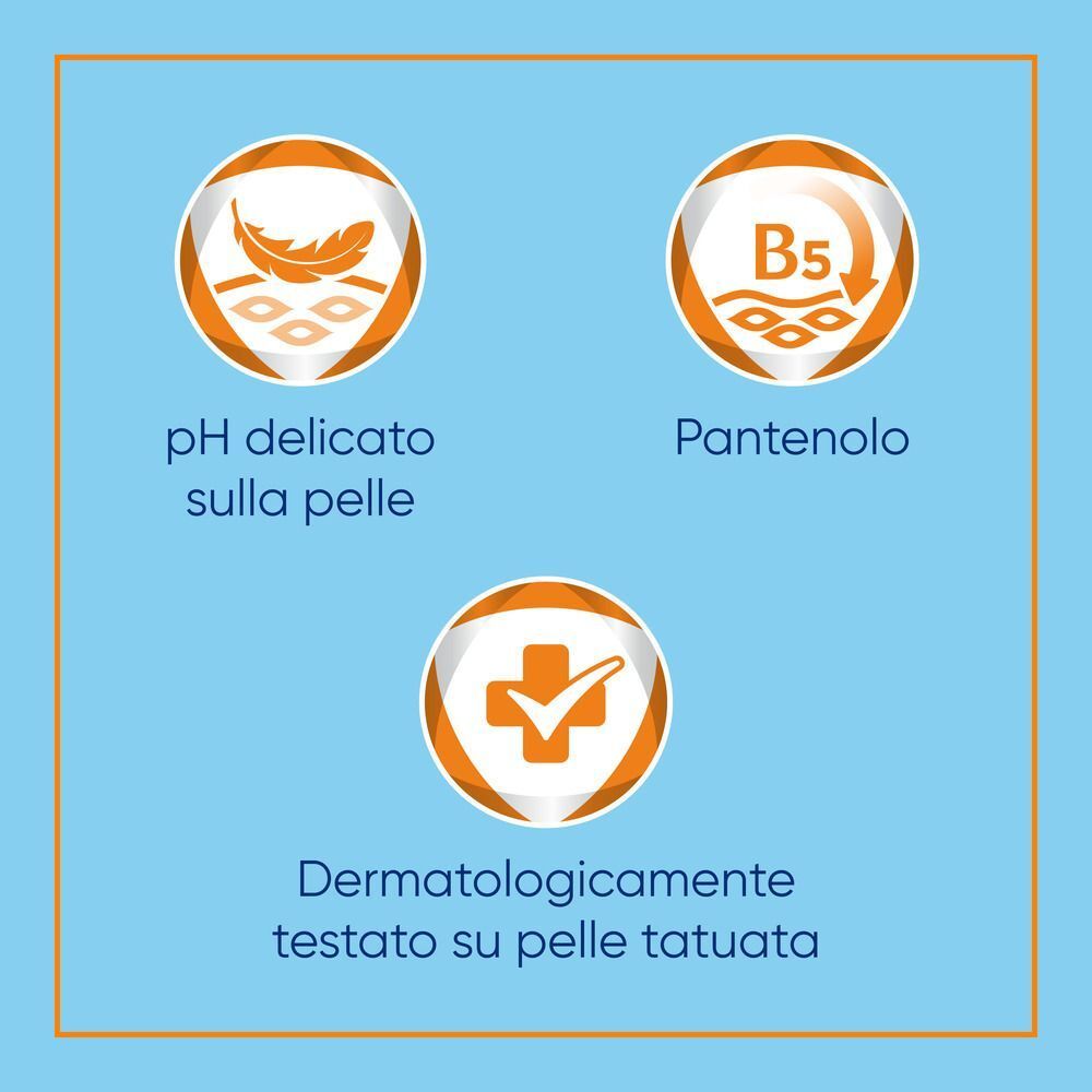 pH delicato sulla pelle, Pantenolo, testato dermatologicamente su pelle tatuata.