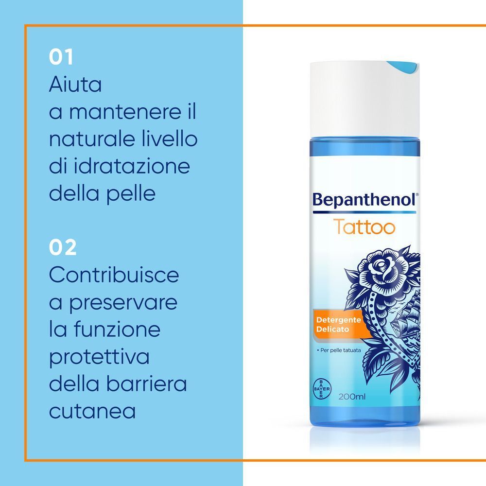 Detergente Bepanthenol Tattoo, 200ml, con motivo floreale.