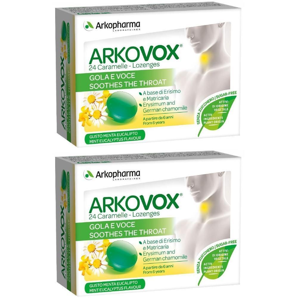 Due confezioni di Arkopharma Arkovox caramelle menta eucalipto. Per gola e voce.