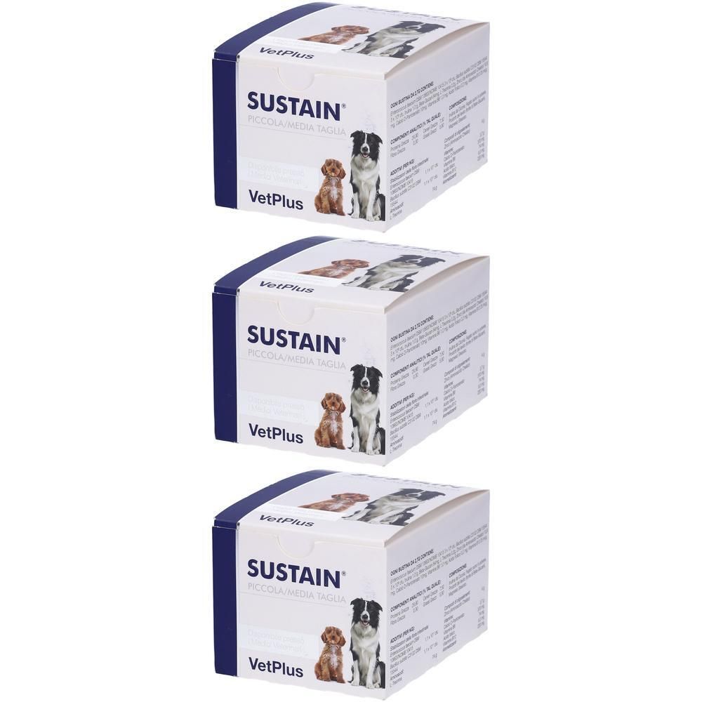 Tre confezioni di VetPlus Sustain per cani e gatti.
