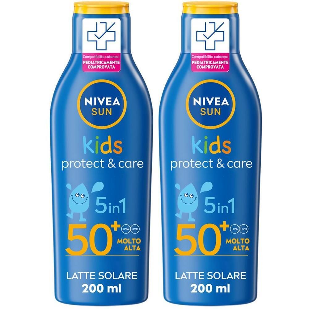 Nivea Sun Latte Solare Kids Protect & Care FP50+ 200 ml, Crema solare per bambini waterproof