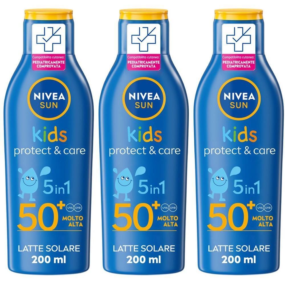 Tre flaconi di Nivea Sun Latte Solare Kids SPF 50+.