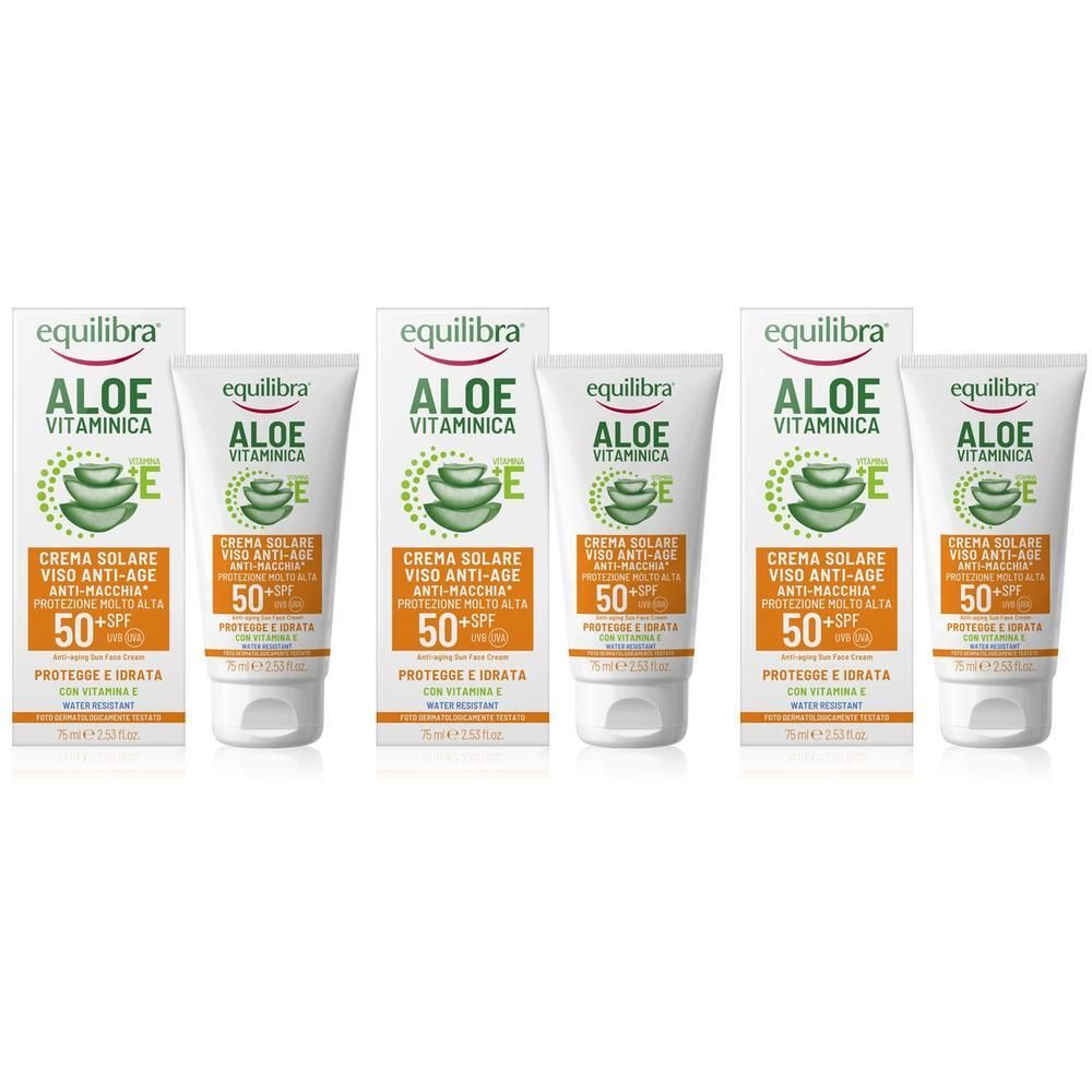 Tre tubetti e tre scatole di crema solare Equilibra Aloe Vitaminica Viso Anti-Age SPF 50+.