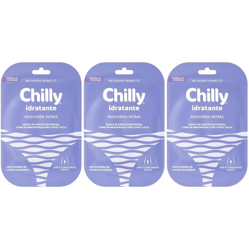 Tre confezioni di maschere intime Chilly Idratante con motivo a onde su sfondo viola.