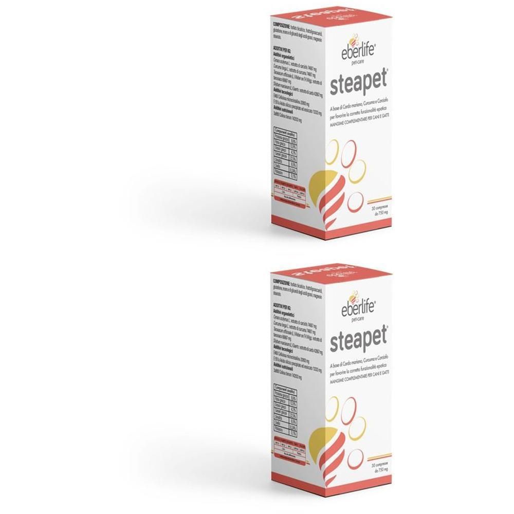 Due scatole Eberlife steapet con informazioni intestinali e un design a impronta di zampa.