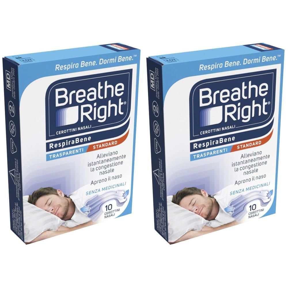 Due confezioni di Cerotti Nasali Breathe Right Trasparenti Standard, 10 pezzi.