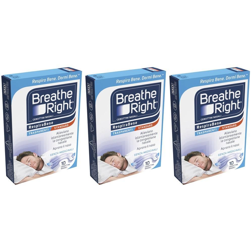Tre confezioni di cerotti nasali Breathe Right Trasparenti, Standard. Ogni confezione contiene 10 cerotti.
