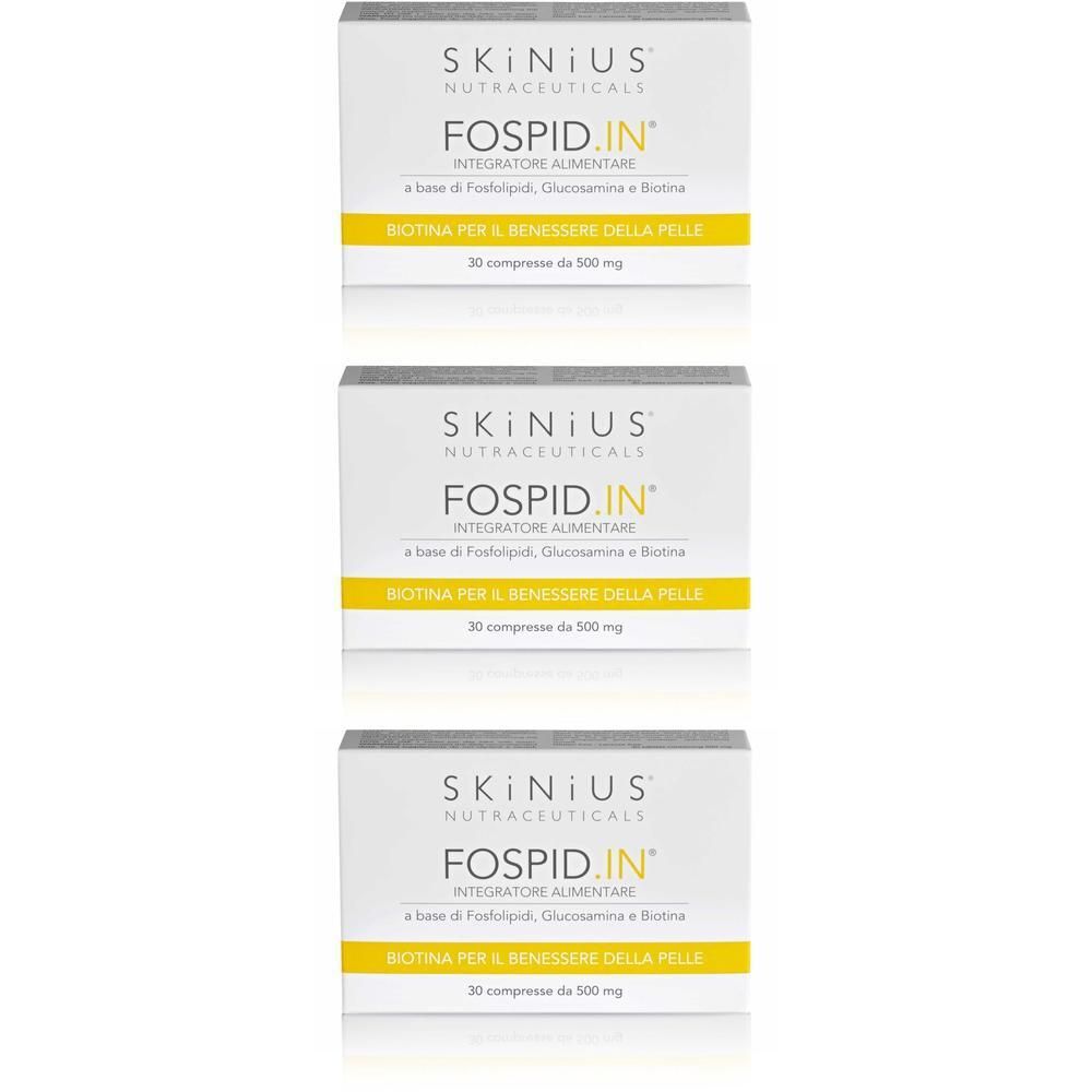 Tre confezioni di Fospid.in, integratore alimentare con biotina per la pelle. 30 compresse per confezione.