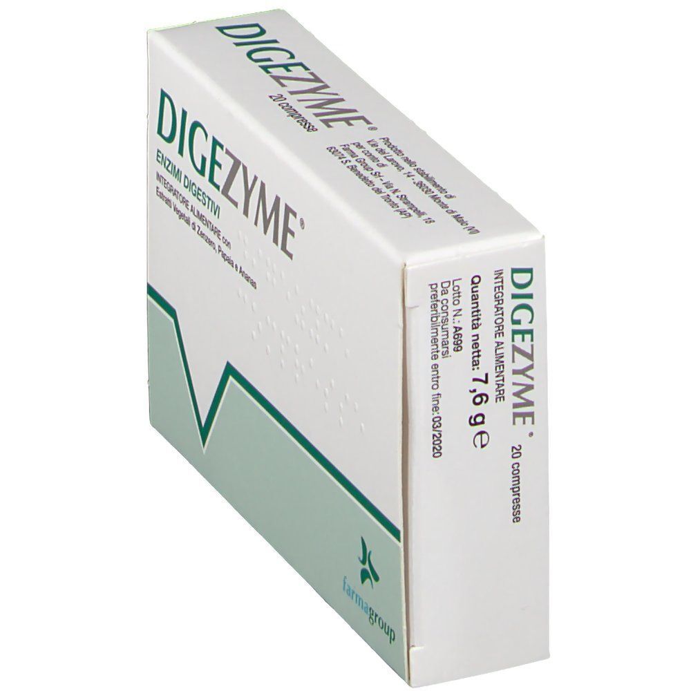Confezione di Digezyme® enzimi digestivi, 20 compresse. Contiene estratti vegetali.