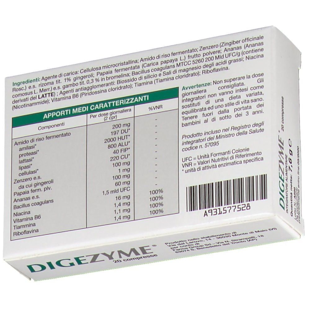 Retro di una scatola Digezyme® con tabella nutrizionale dettagliata e informazioni sul prodotto.