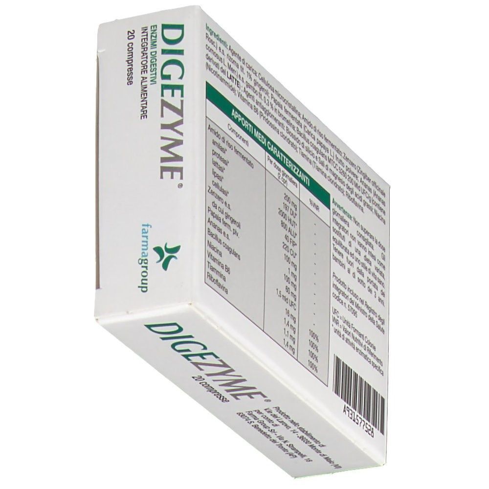 Vista prospettica di una scatola Digezyme®, che mostra le viste frontale e laterale con informazioni sul prodotto.