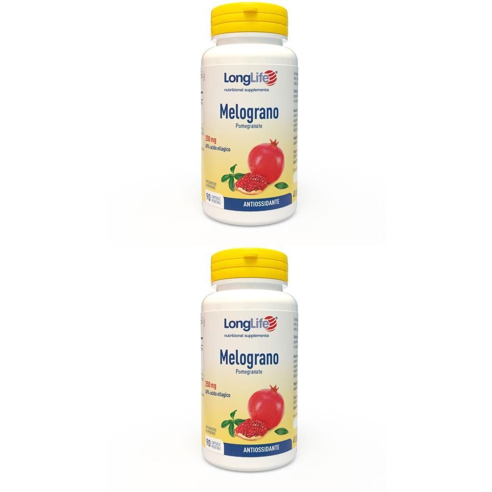 Due flaconi di integratori LongLife Melograno con illustrazione di melograno e tappi gialli.