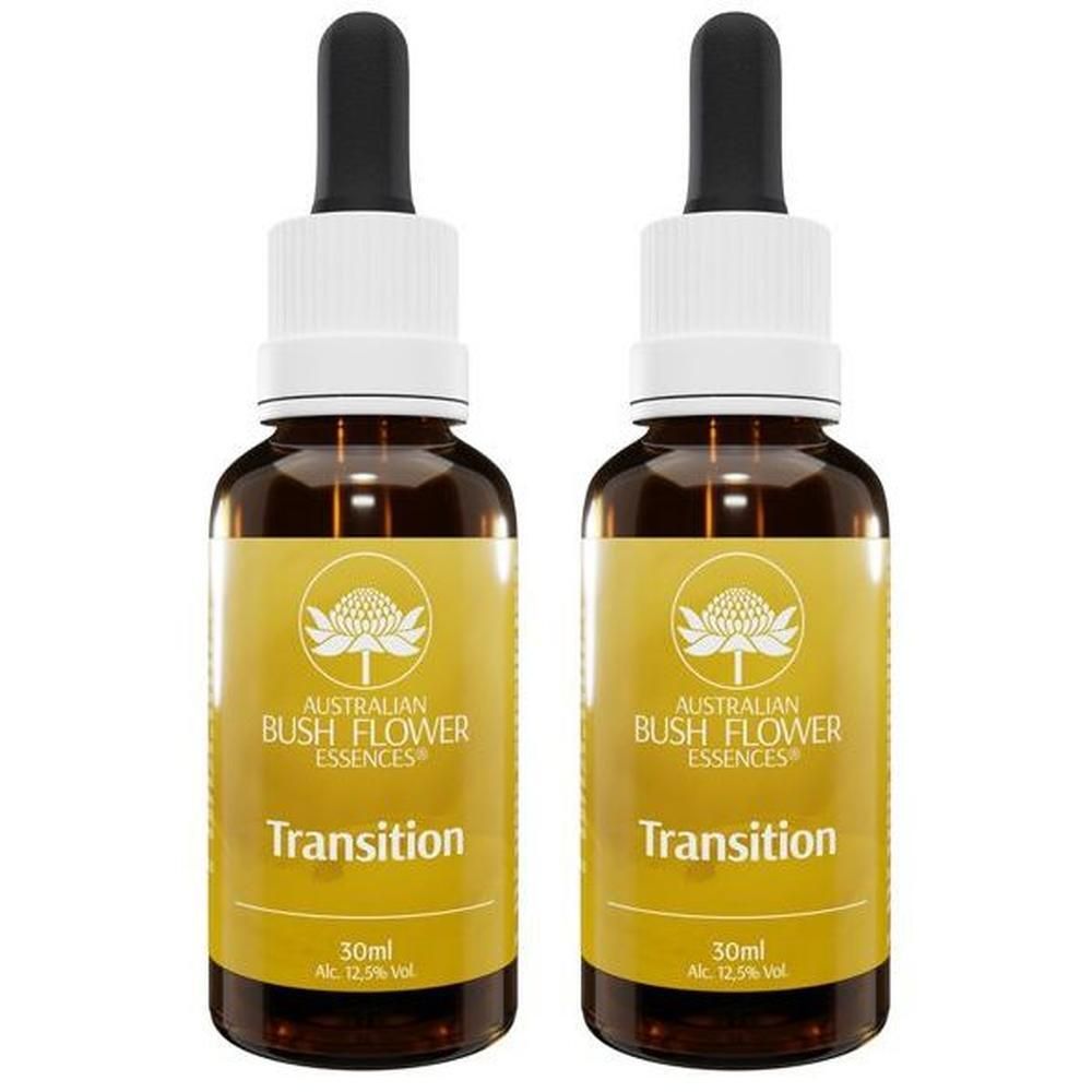 Due flaconi con contagocce, etichetta gialla con "Transition" e "Australian Bush Flower Essences".