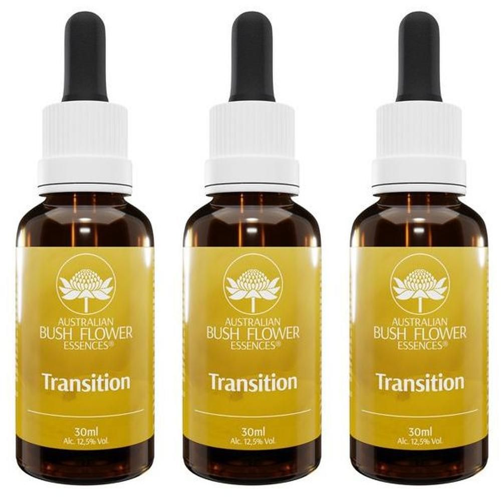 Tre flaconi con contagocce, etichetta gialla con 'Transition' e 'Australian Bush Flower Essences'.