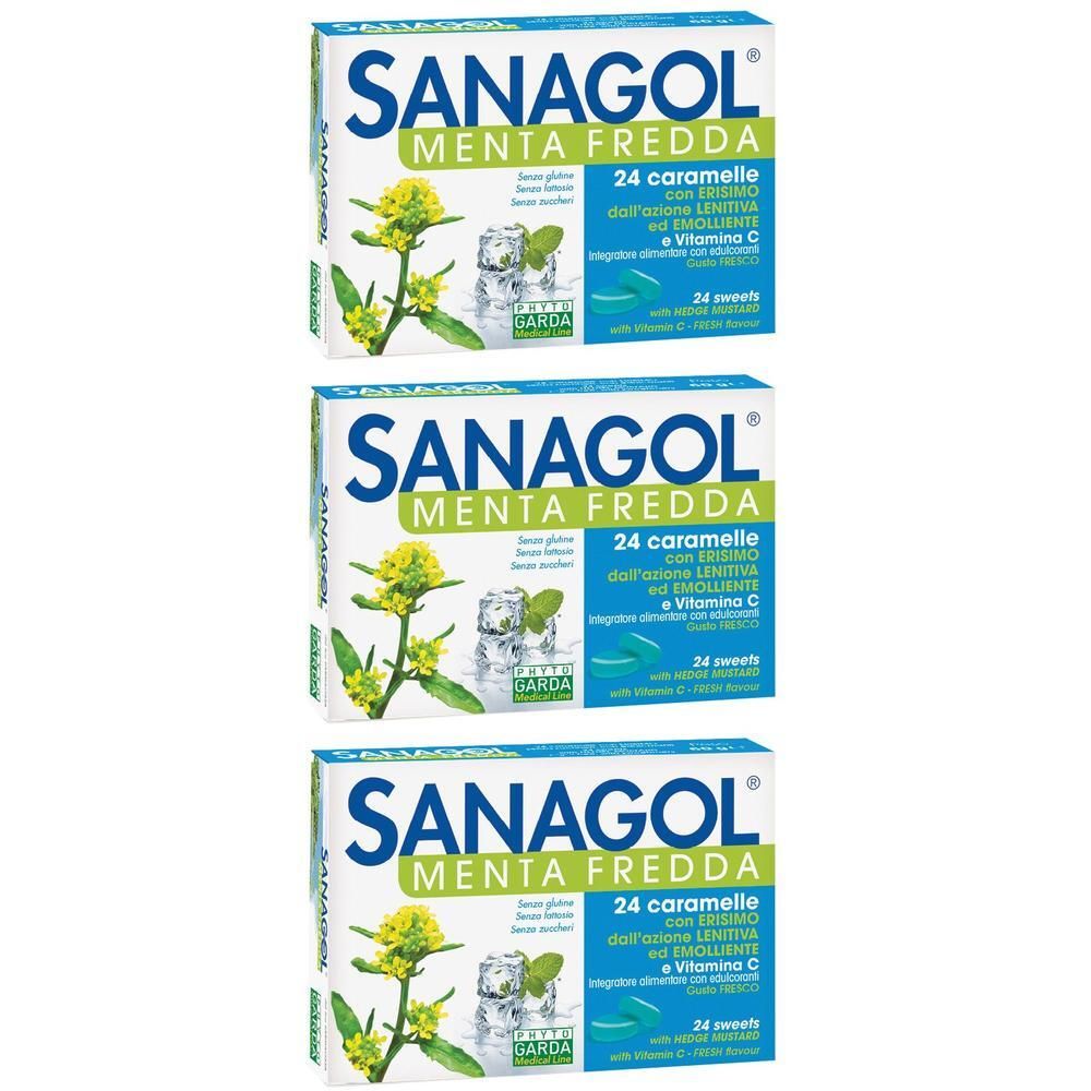 Tre confezioni di Sanagol Menta Fredda da 24 caramelle. Con menta, eucalipto e vitamina C.