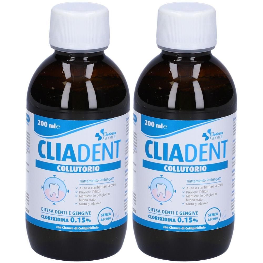 Due flaconi di collutorio CLIADENT, 200 ml ciascuno, tappo bianco. Vetro marrone.