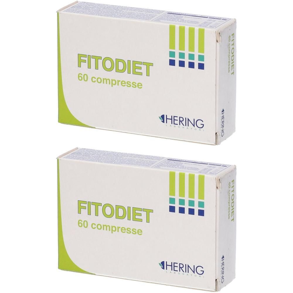 Due confezioni di Fitodiet 60 compresse di Hering. Scatole bianche con quadrati verdi e blu.