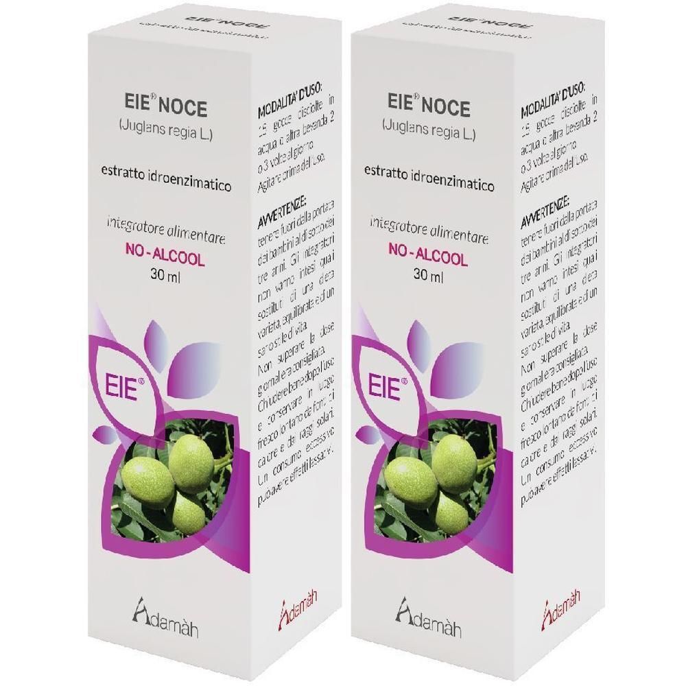 Due confezioni di Adamàh EIE Noce Gocce, 30ml, senza alcol, con immagine di noci.