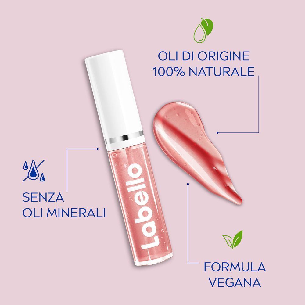 Labello Lip Oil Glossy Dress Nude con testo: Oli 100% naturali, formula vegana, senza oli minerali.