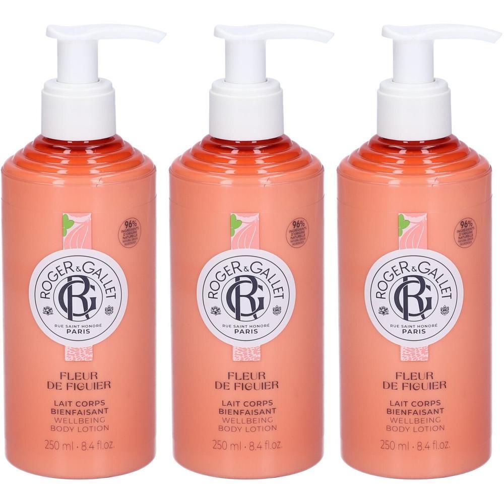 Tre flaconi di ROGER&GALLET Fleur de Figuier Latte Corpo con dispenser a pompa.